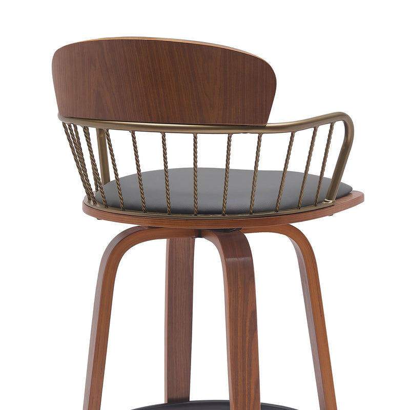 Willow 30" Swivel Walnut Wood Bar Stool in Gray Faux Leather with Golden Bronze Metal - Furniture City (CA)l