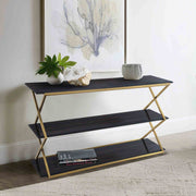 Westlake 3-Tier Dark Brown Console Table with Brushed Gold Legs - Furniture City (CA)l