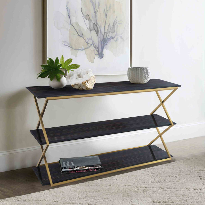 Westlake 3-Tier Dark Brown Console Table with Brushed Gold Legs - Furniture City (CA)l