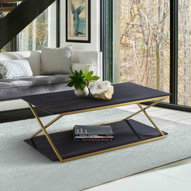 Westlake Dark Brown Veneer Coffee Table with Brushed Gold Legs - Furniture City (CA)l