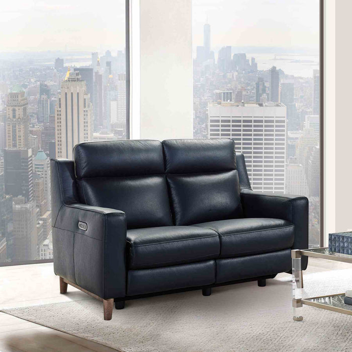 Wisteria Contemporary Loveseat in Light Brown Wood Finish and Black Genuine Leather