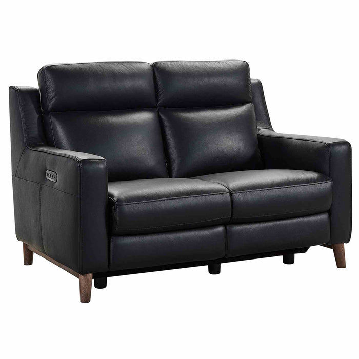 Wisteria Contemporary Loveseat in Light Brown Wood Finish and Black Genuine Leather