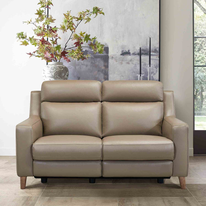 Wisteria Contemporary Loveseat in Light Brown Wood Finish and Taupe Genuine Leather