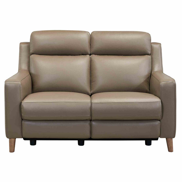 Wisteria Contemporary Loveseat in Light Brown Wood Finish and Taupe Genuine Leather