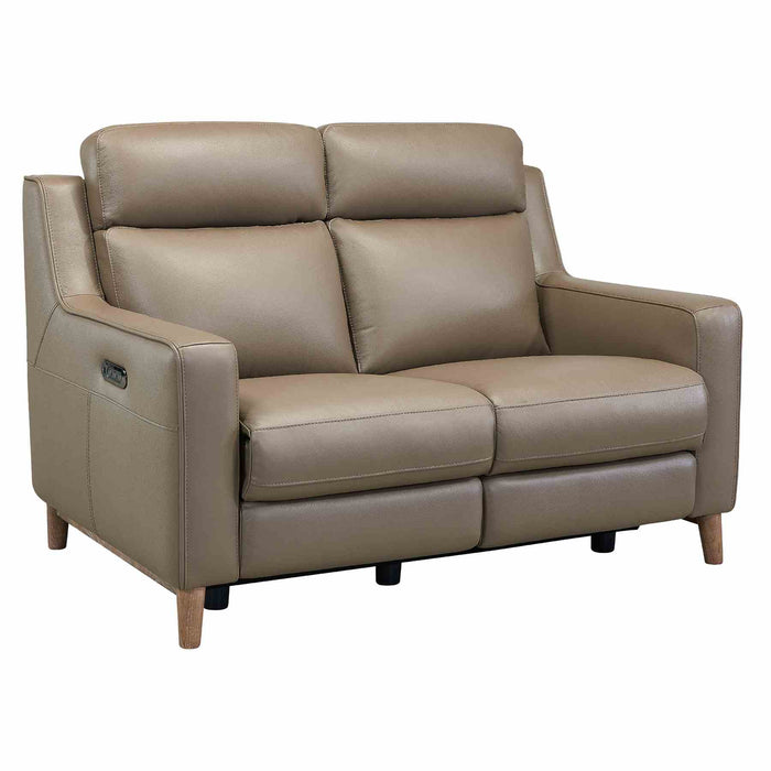 Wisteria Contemporary Loveseat in Light Brown Wood Finish and Taupe Genuine Leather