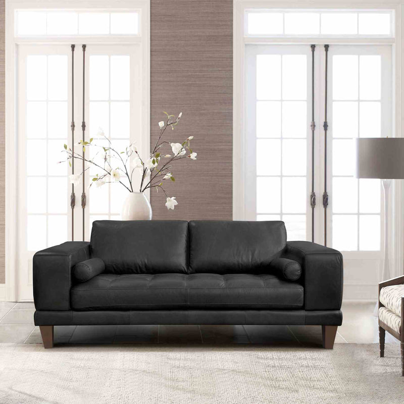 Wynne Contemporary Loveseat in Genuine Black Leather with Brown Wood Legs - Furniture City (CA)l