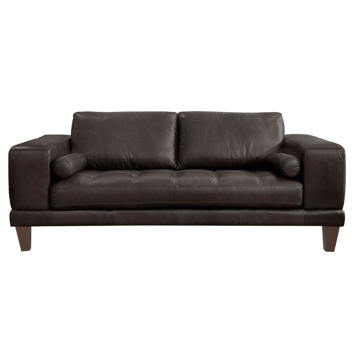 Wynne Contemporary Loveseat in Genuine Espresso Leather with Brown Wood Legs