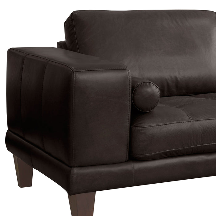 Wynne Contemporary Loveseat in Genuine Espresso Leather with Brown Wood Legs