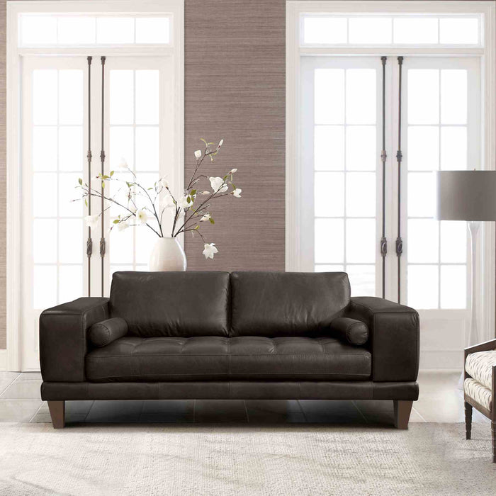 Wynne Contemporary Loveseat in Genuine Espresso Leather with Brown Wood Legs