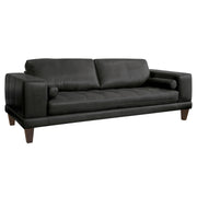Wynne Contemporary Sofa in Genuine Black Leather with Brown Wood Legs - Furniture City (CA)l