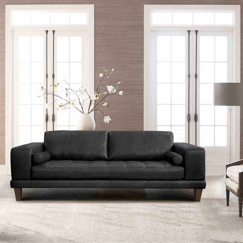 Wynne Contemporary Sofa in Genuine Black Leather with Brown Wood Legs - Furniture City (CA)l