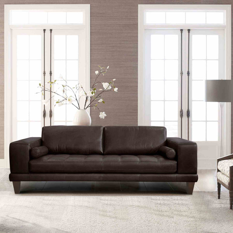 Wynne Contemporary Sofa in Genuine Espresso Leather with Brown Wood Legs - Furniture City (CA)l