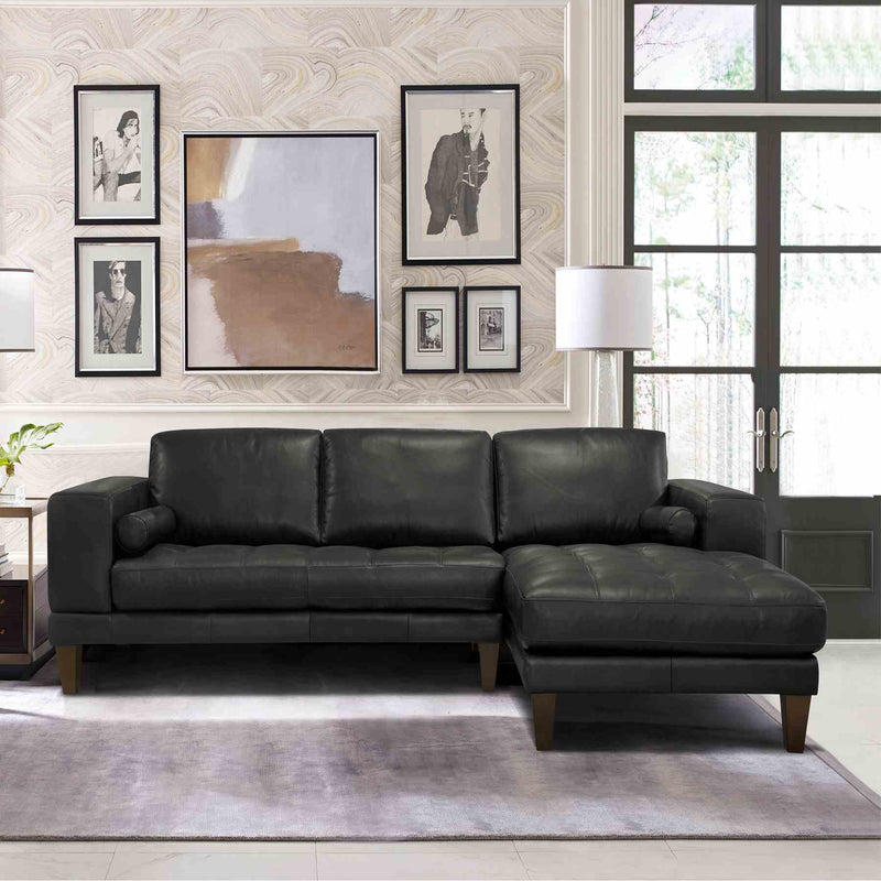 Wynne Contemporary Sectional in Genuine Black Leather with Brown Wood Legs - Furniture City (CA)l