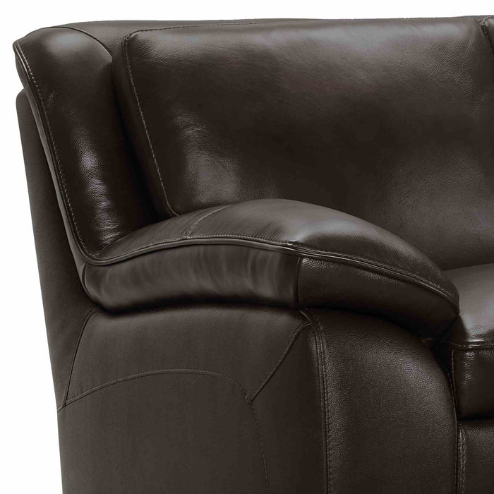 Zanna Contemporary Loveseat in Genuine Dark Brown Leather with Brown Wood Legs