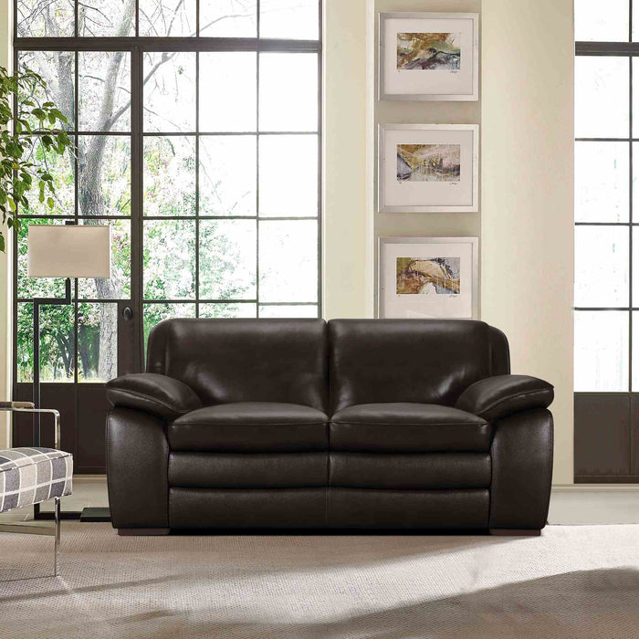 Zanna Contemporary Loveseat in Genuine Dark Brown Leather with Brown Wood Legs