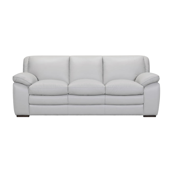 Zanna Contemporary Sofa in Genuine Dove Gray Leather with Brown Wood Legs