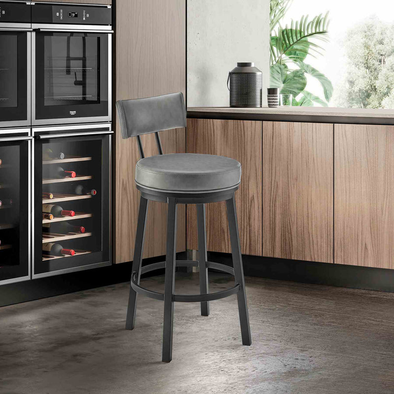 Zelda Swivel Bar Stool in Black Finish with Gray Faux Leather - Furniture City (CA)l