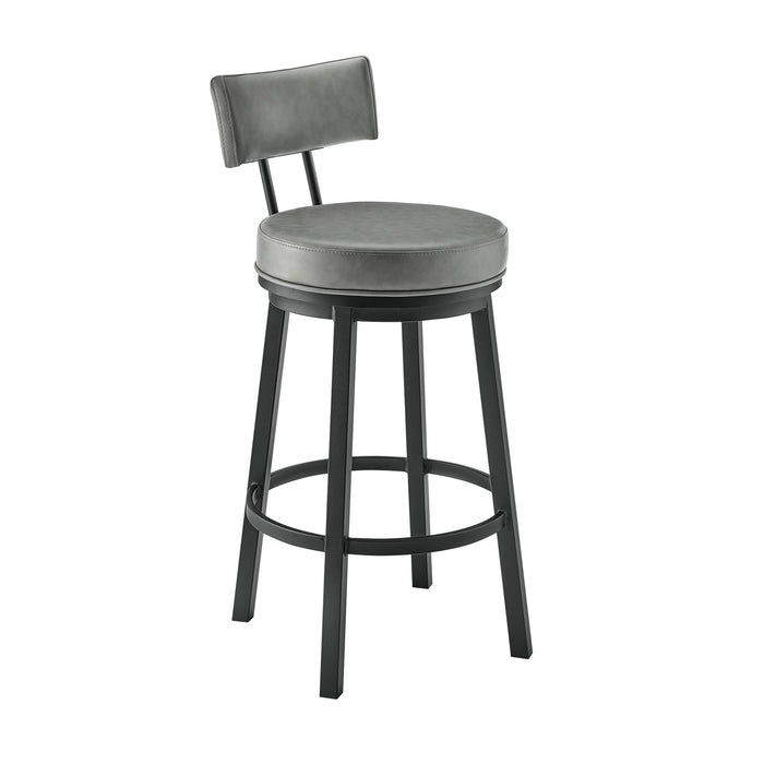 Zelda Swivel Bar Stool in Black Finish with Gray Faux Leather