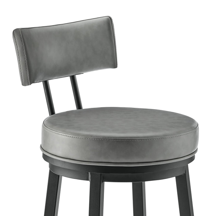 Zelda Swivel Bar Stool in Black Finish with Gray Faux Leather