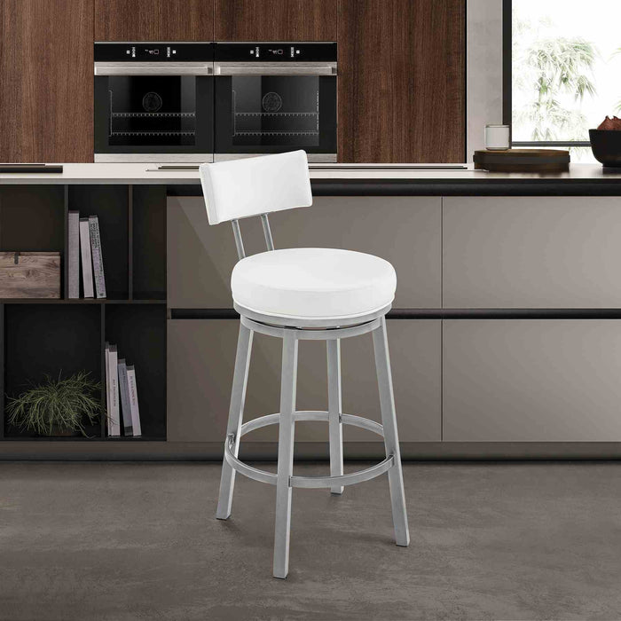 Zelda Swivel Counter Stool in Cloud Finish with White Faux Leather