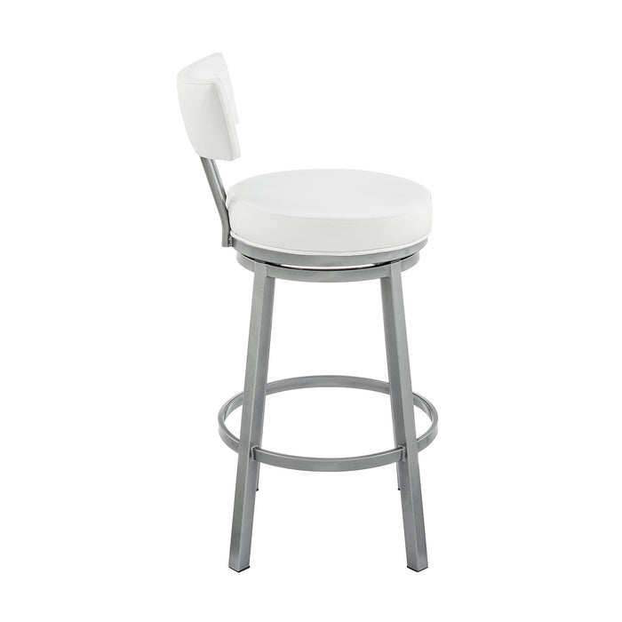 Zelda Swivel Bar Stool in Cloud Finish with White Faux Leather