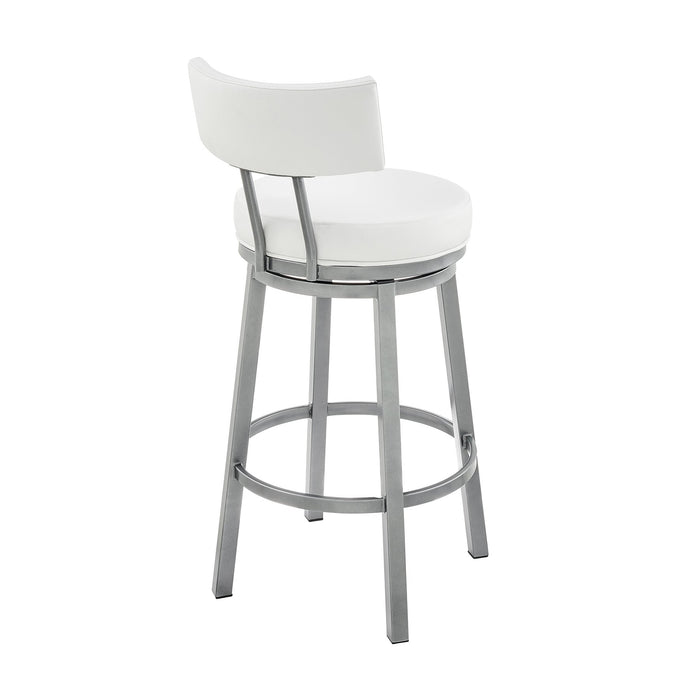 Zelda Swivel Bar Stool in Cloud Finish with White Faux Leather