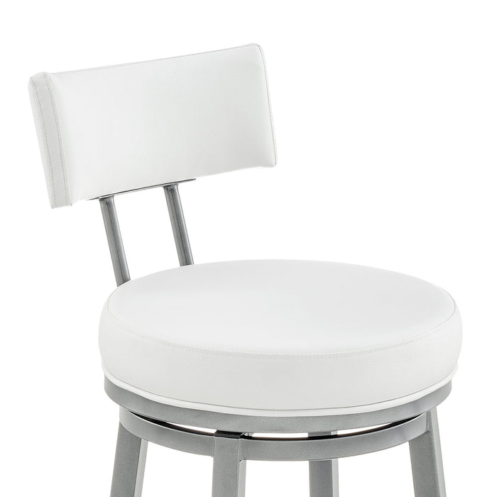 Zelda Swivel Bar Stool in Cloud Finish with White Faux Leather