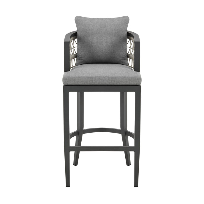 Zella Outdoor Patio Counter Stool in Aluminum with Light Gray Rope and Earl Gray Cushions