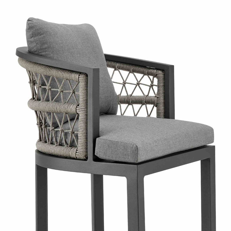 Zella Outdoor Patio Bar Stool in Aluminum with Light Gray Rope and Earl Gray Cushions - Furniture City (CA)l
