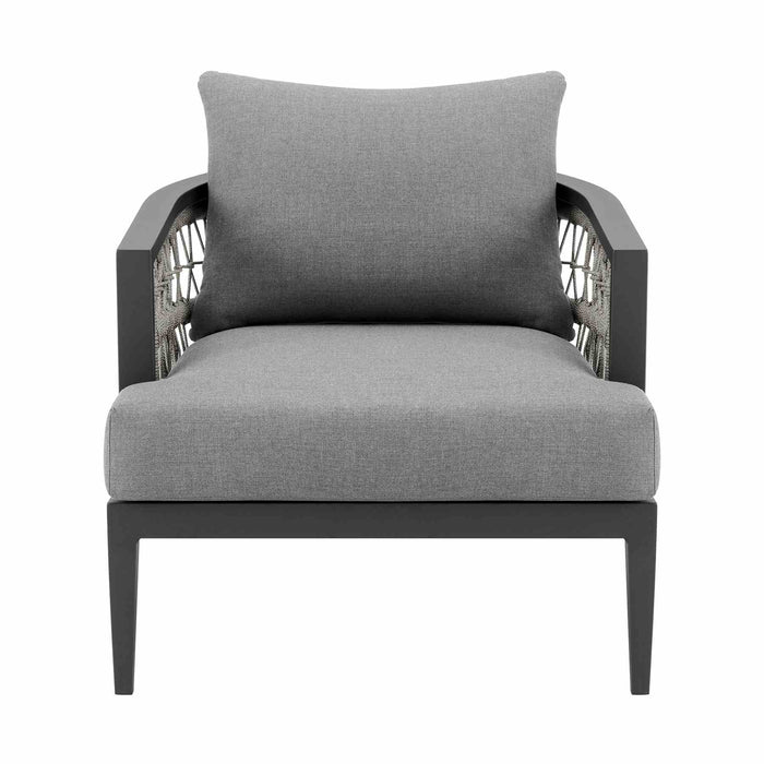 Zella Outdoor Patio Armchair in Aluminum with Light Gray Rope and Earl Gray Cushions