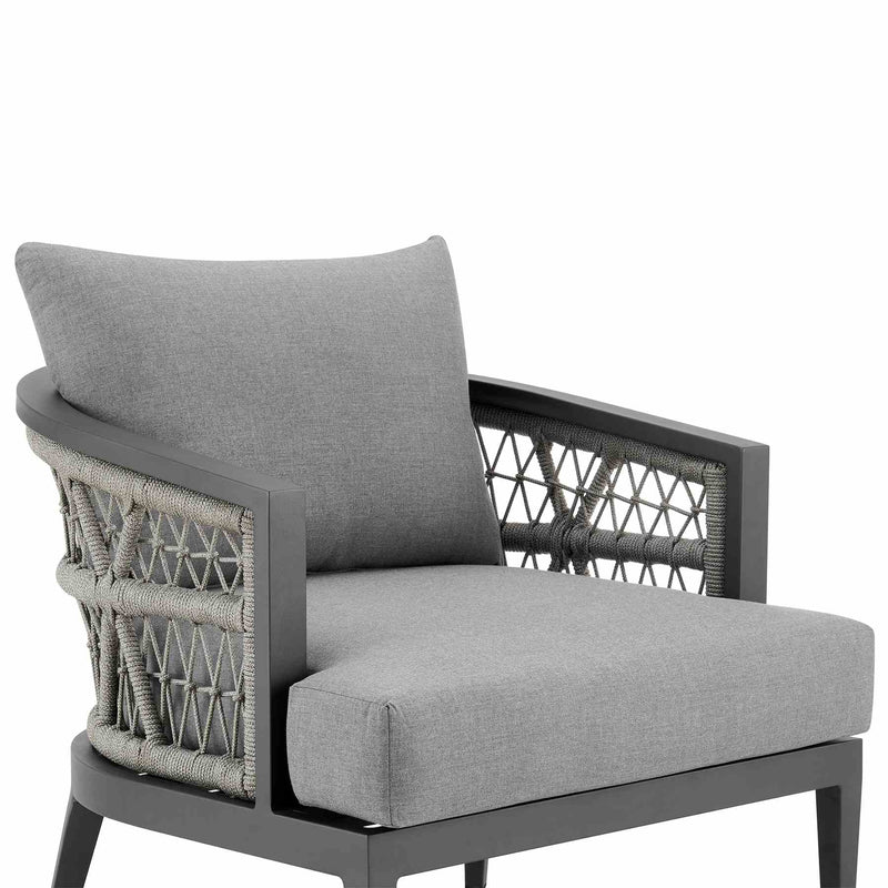 Zella Outdoor Patio Armchair in Aluminum with Light Gray Rope and Earl Gray Cushions - Furniture City (CA)l