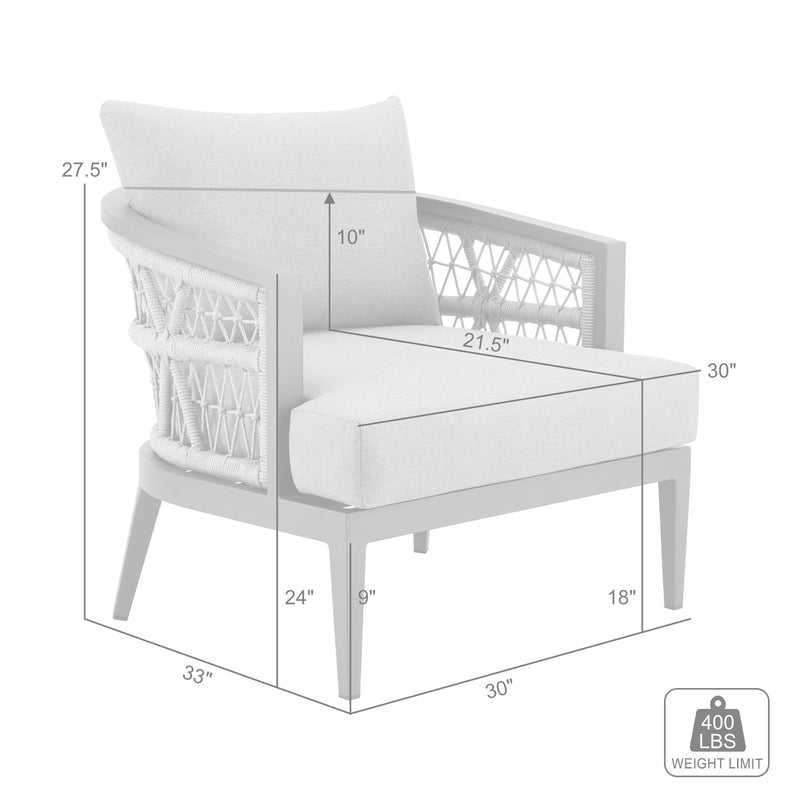 Zella Outdoor Patio Armchair in Aluminum with Light Gray Rope and Earl Gray Cushions - Furniture City (CA)l