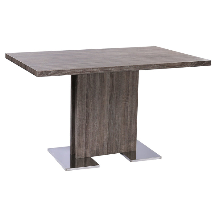 Zenith Contemporary Dining Table with Brushed Stainless Steel Base and Gray Walnut Veneer Finish