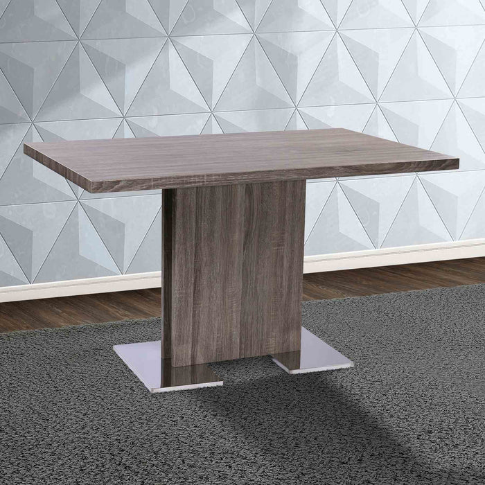 Zenith Contemporary Dining Table with Brushed Stainless Steel Base and Gray Walnut Veneer Finish