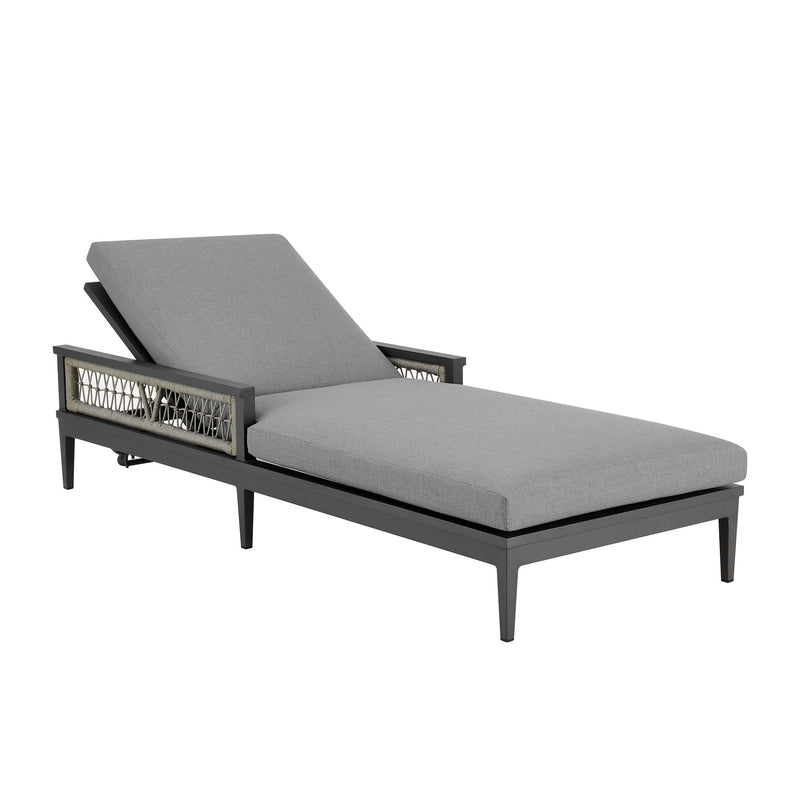 Zella Outdoor Patio Chaise Lounge Chair in Aluminum with Gray Rope and Earl Gray Cushions - Furniture City (CA)l