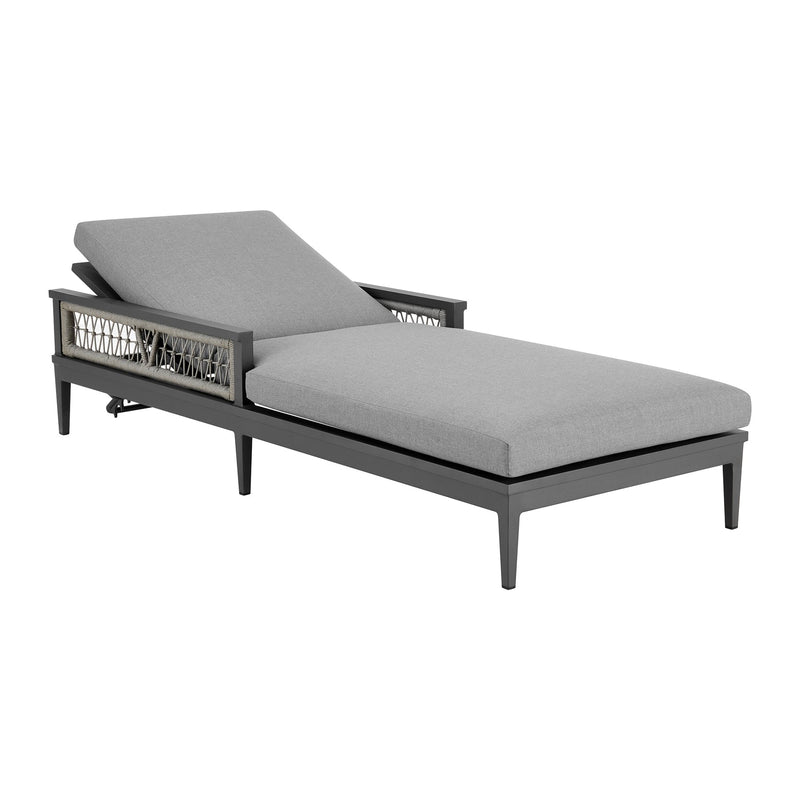 Zella Outdoor Patio Chaise Lounge Chair in Aluminum with Gray Rope and Earl Gray Cushions - Furniture City (CA)l