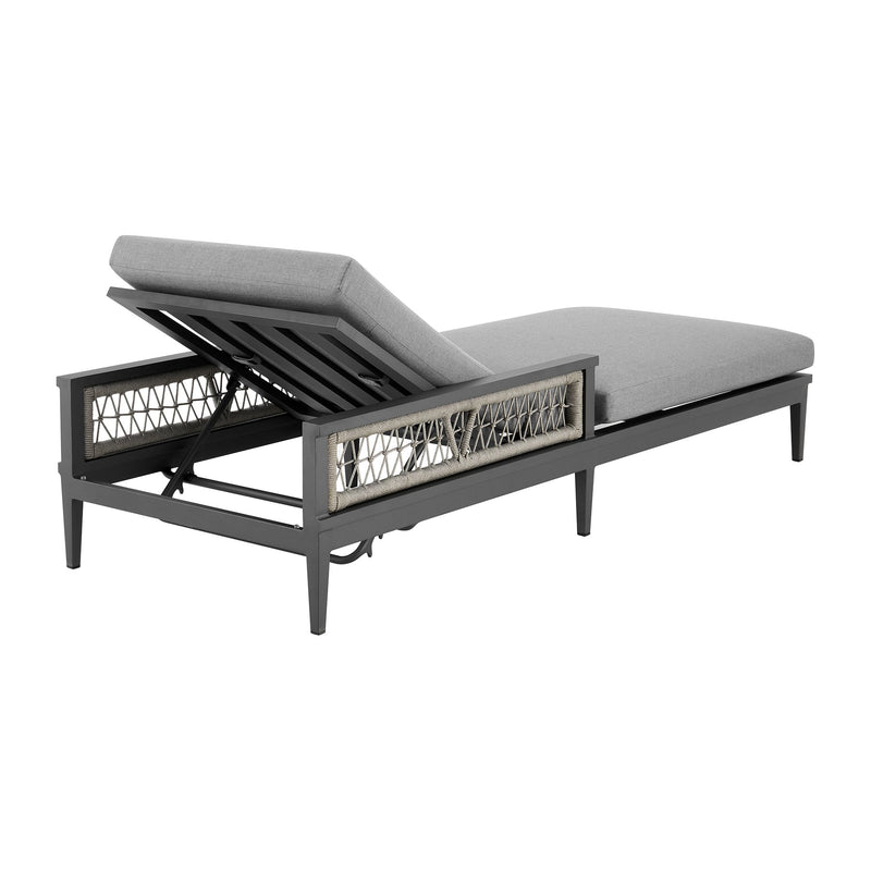 Zella Outdoor Patio Chaise Lounge Chair in Aluminum with Gray Rope and Earl Gray Cushions - Furniture City (CA)l