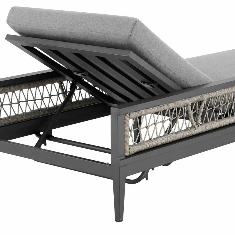 Zella Outdoor Patio Chaise Lounge Chair in Aluminum with Gray Rope and Earl Gray Cushions - Furniture City (CA)l