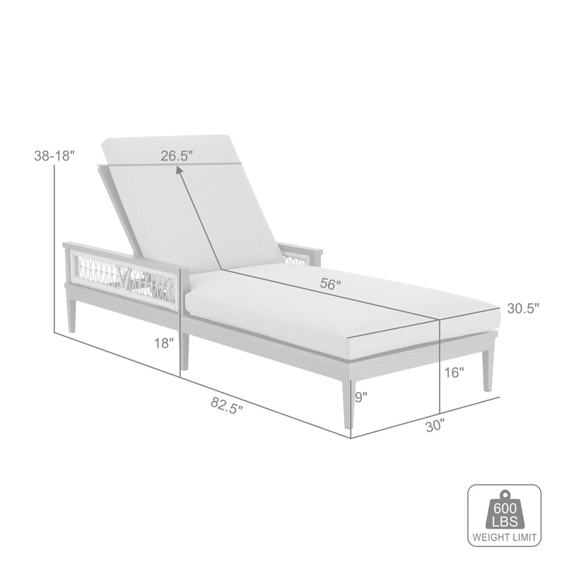 Zella Outdoor Patio Chaise Lounge Chair in Aluminum with Gray Rope and Earl Gray Cushions - Furniture City (CA)l