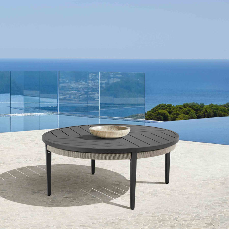 Zella Round Coffee Table in Aluminum with Charcoal Finish and Light Gray Rope - Furniture City (CA)l