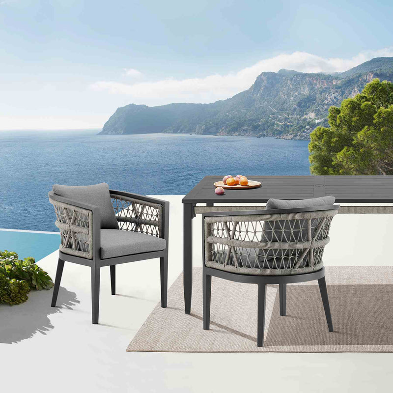 Zella Outdoor Patio Dining Chair in Aluminum with Light Gray Rope and Earl Gray Cushions - Set of 2 - Furniture City (CA)l