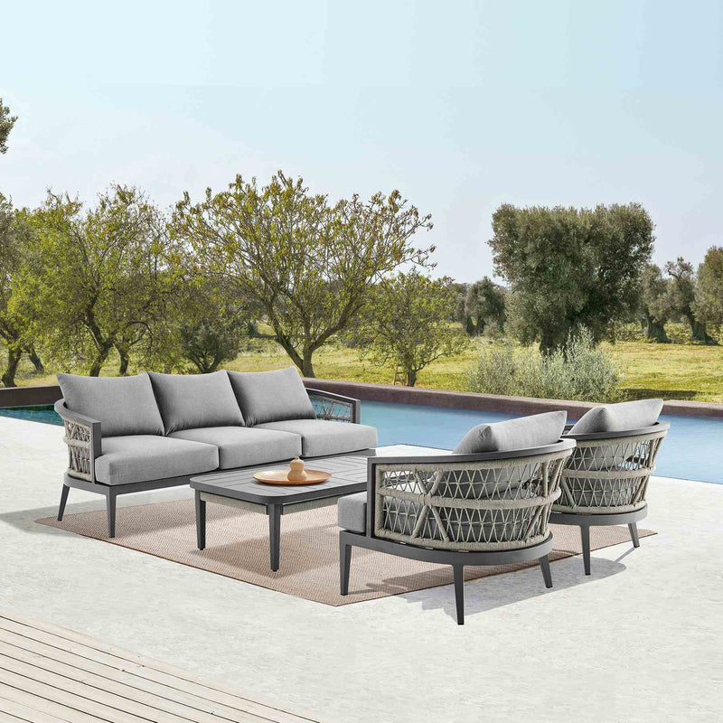 Zella Outdoor Patio Sofa in Aluminum with Light Gray Rope and Earl Gray Cushions - Furniture City (CA)l
