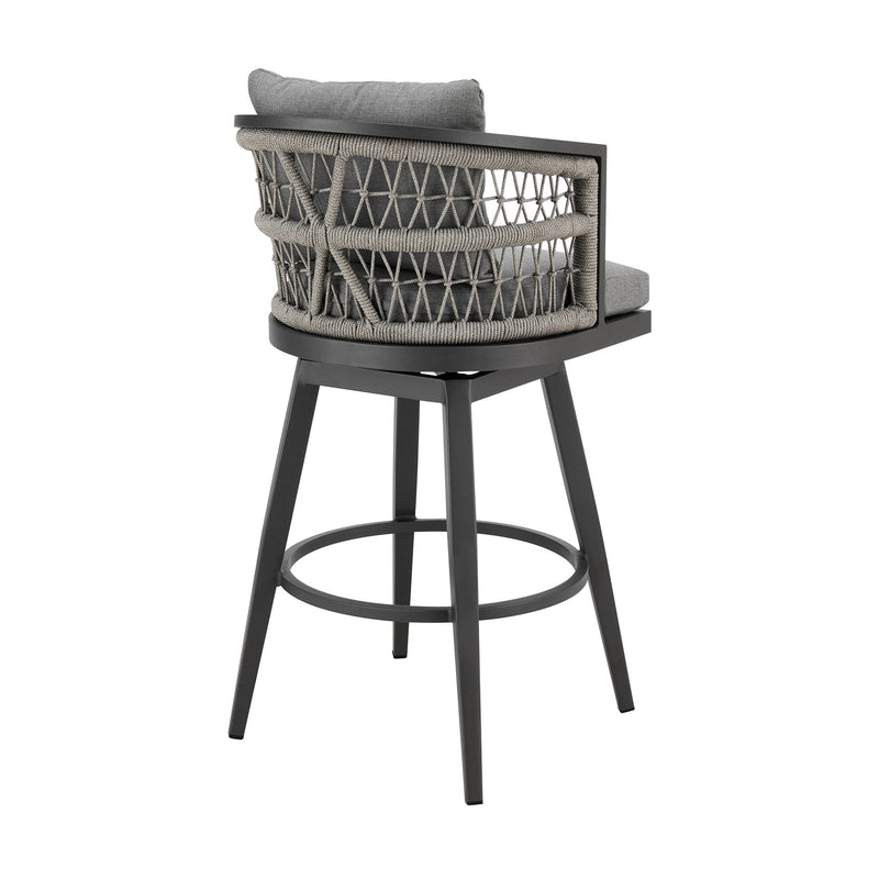 Zella Outdoor Patio Swivel Counter Stool in Aluminum with Light Gray Rope and Earl Gray Cushions - Furniture City (CA)l