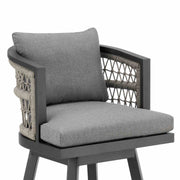 Zella Outdoor Patio Swivel Counter Stool in Aluminum with Light Gray Rope and Earl Gray Cushions - Furniture City (CA)l