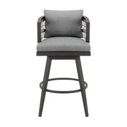 Zella Outdoor Patio Swivel Bar Stool in Aluminum with Light Gray Rope and Earl Gray Cushions - Furniture City (CA)l