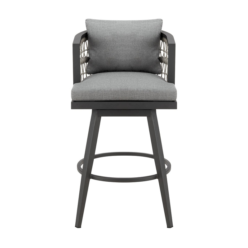 Zella Outdoor Patio Swivel Bar Stool in Aluminum with Light Gray Rope and Earl Gray Cushions - Furniture City (CA)l