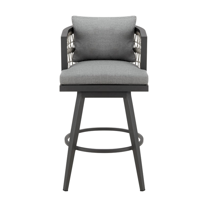 Zella Outdoor Patio Swivel Bar Stool in Aluminum with Light Gray Rope and Earl Gray Cushions