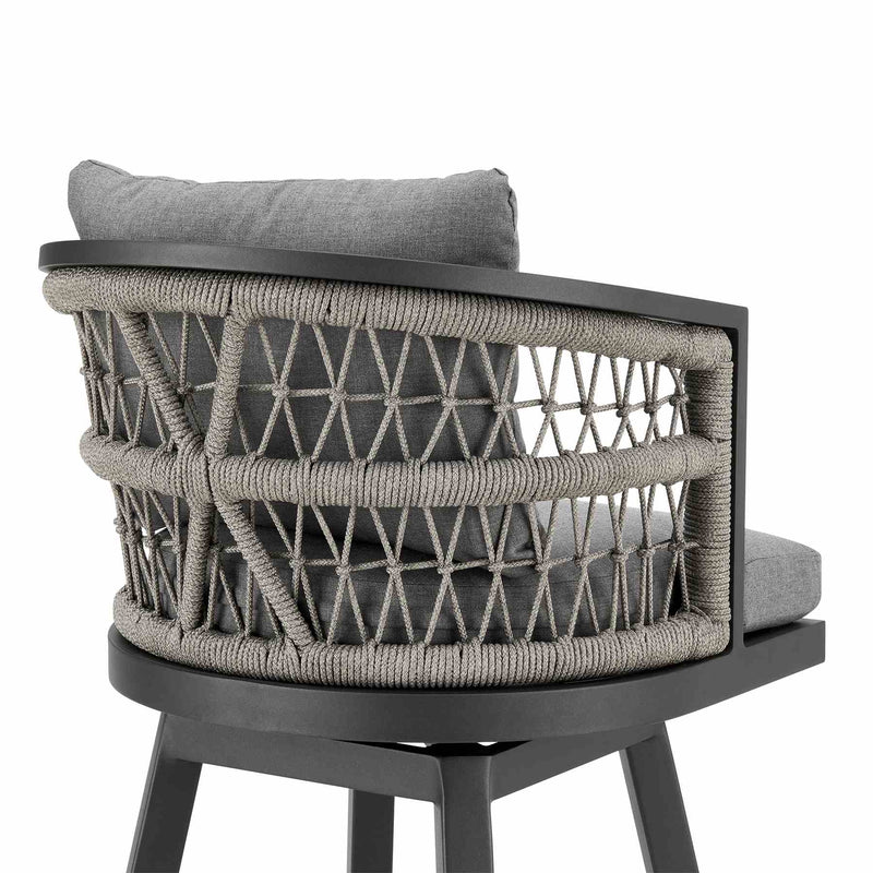 Zella Outdoor Patio Swivel Bar Stool in Aluminum with Light Gray Rope and Earl Gray Cushions - Furniture City (CA)l