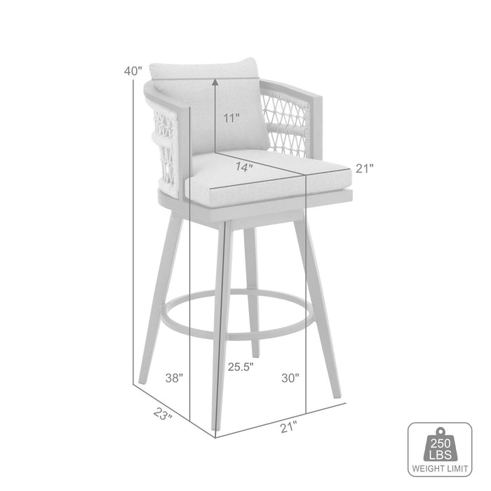 Zella Outdoor Patio Swivel Bar Stool in Aluminum with Light Gray Rope and Earl Gray Cushions