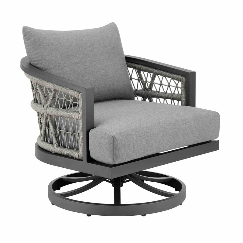 Zella Outdoor Patio Swivel Armchair in Aluminum with Light Gray Rope and Earl Gray Cushions - Furniture City (CA)l